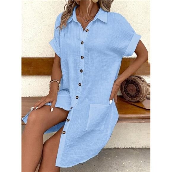 Casual Button Down Cotton Shirt Dress with Pockets - Picture 9 of 15